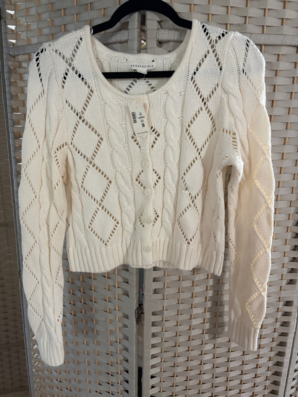 Aeropostale Cream Open-Weave Button Cardigan